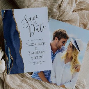 Navy Gold Agate Pale Blue Photo Save the Date Invitation
