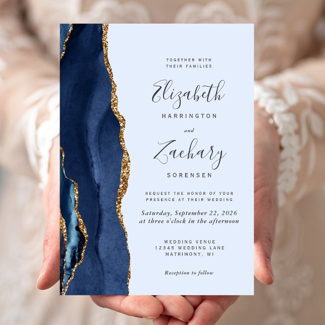 Navy Gold Agate Pale Blue Wedding Invitation (Creator Uploaded)