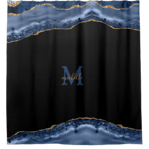 Navy & Gold Agate Personalized Monogram Shower Curtain