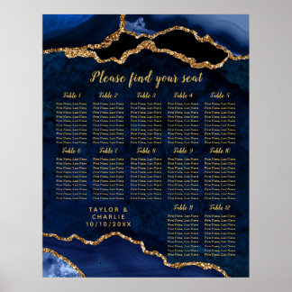 Navy Gold Agate Wedding 12 Tables Seating Chart