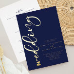 Navy Gold All In One Wedding Foil Invitation<br><div class="desc">A classy,  elegant and minimal designed all in one Wedding Invitation featuring a stylish script font in gold foil. Customise with your details to inform your guests of your special day. Please browse the Minimal Navy Gold Wedding Suite for matching items.</div>