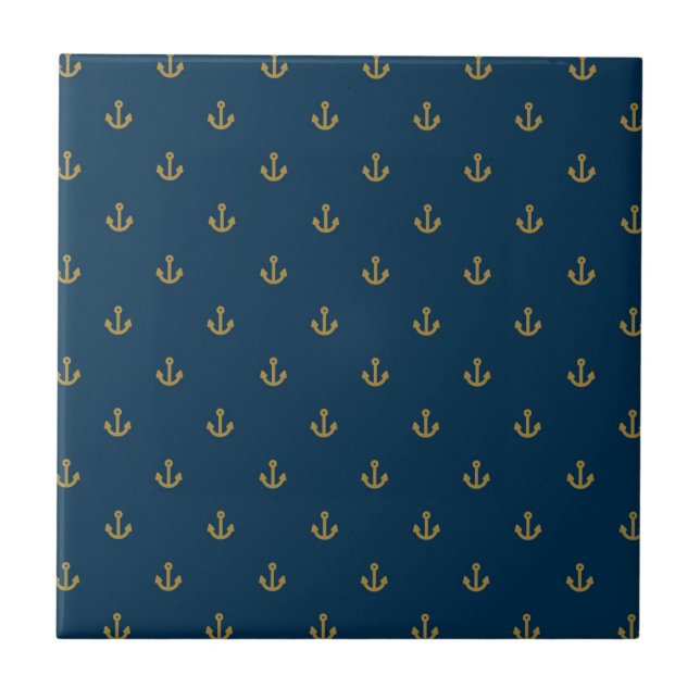 Navy Gold Anchor Pattern Ceramic Tile (Front)
