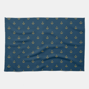 Navy Gold Anchor Pattern Tea Towel