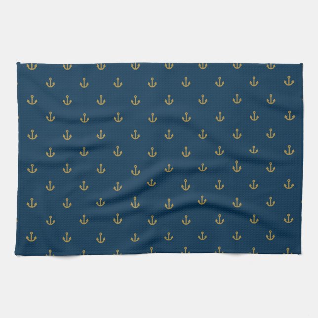 Navy Gold Anchor Pattern Tea Towel (Horizontal)