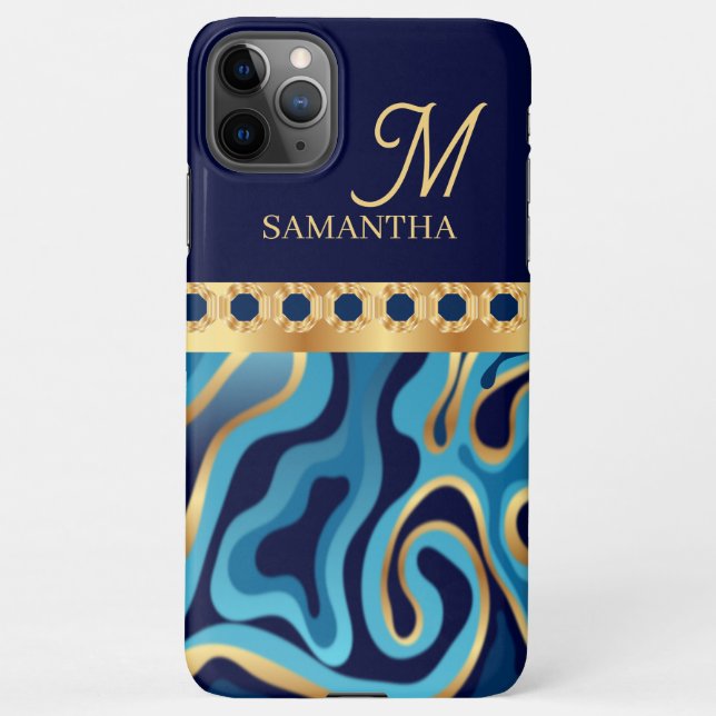Navy, Gold And Blue Marble Effect Geometric iPhone Case (Back)