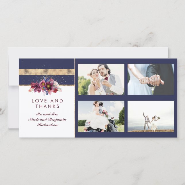 Navy Gold and Burgundy Floral Wedding Thank You Card (Front)