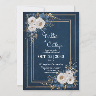 Navy Gold and Ivory Floral Wedding Invitation