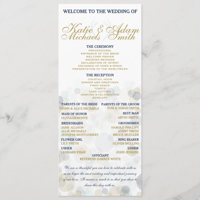 Navy, Gold, and Mint Wedding Program 4" x 9.25" (Front)