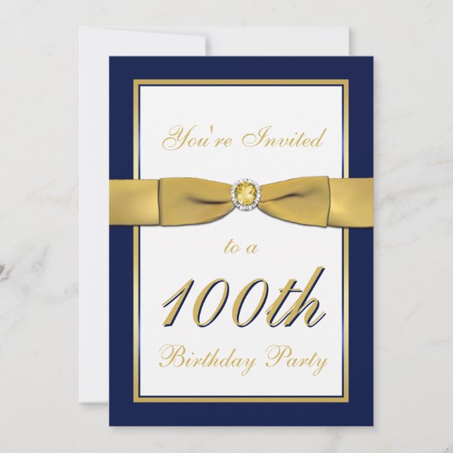 Navy, Gold, and White 100th Birthday Invitation (Front)