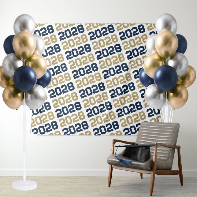 Navy & Gold ANY Class Year Graduation Backdrop Tapestry (Navy Blue & Gold Repeating Class Year Graduation Backdrop for Senior Photos, Photo Booth or Display)