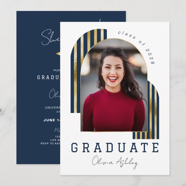 Navy Gold Arch Photo Graduation Invitation (Front/Back)