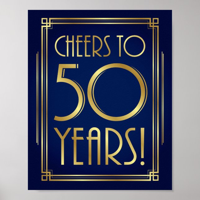 Navy Gold Art Deco CHEERS TO 50 YEARS Sign Print (Front)