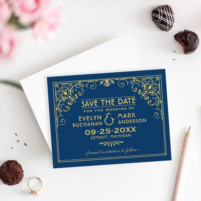 Navy Gold Art Deco Frame Wedding Save The Date (Creator Uploaded)