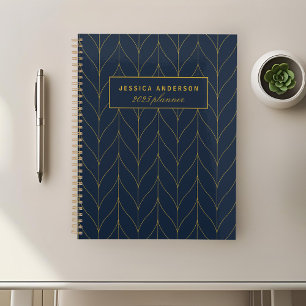 Navy Gold Art Deco Leaf Personalised Planner