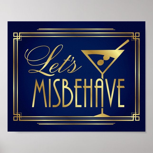 Navy Gold Art Deco LET'S MISBEHAVE Sign Print (Front)