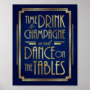 Navy Gold Art Deco TIME TO DRINK CHAMPAGNE Print