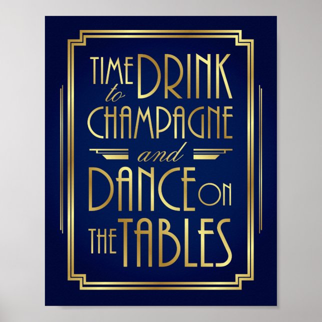 Navy Gold Art Deco TIME TO DRINK CHAMPAGNE Print (Front)