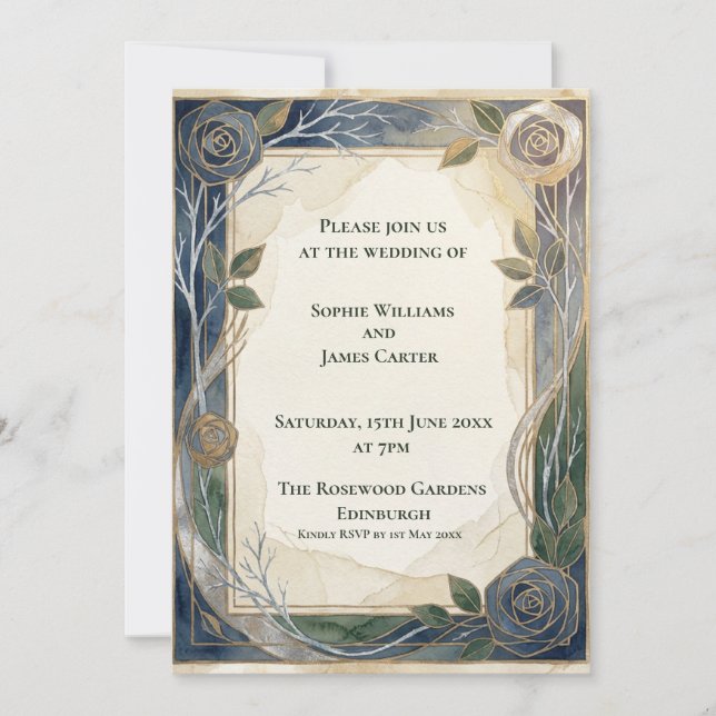 Navy Gold Art Nouveau Wedding Invitation (Front)