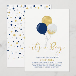 Navy & Gold Balloons   It's a Boy Baby Shower Invitation