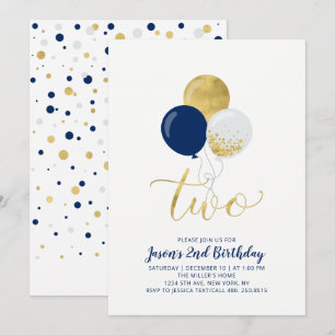Navy & Gold Balloons   Two 2nd Boy Birthday Invitation
