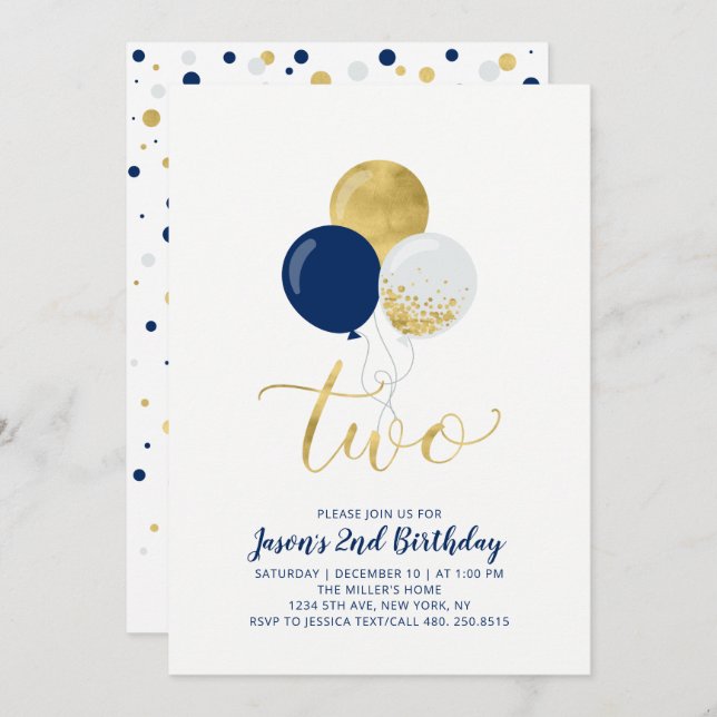 Navy & Gold Balloons | Two 2nd Boy Birthday Invitation (Front/Back)