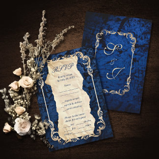 Navy Gold Baroque Elegant Luxury Wedding RSVP Card