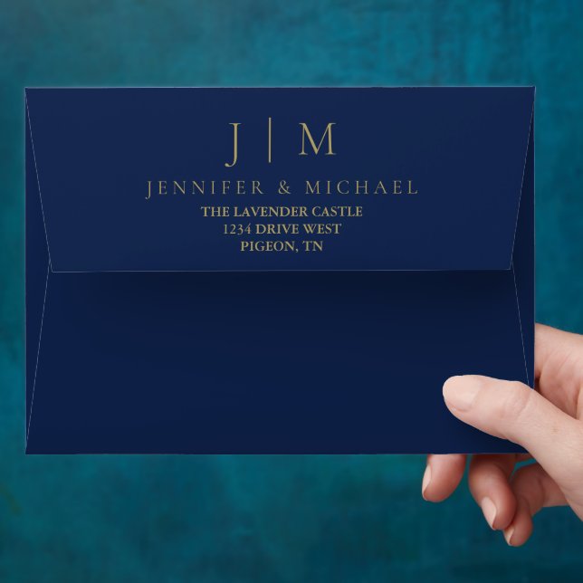 Navy Gold Basic Formal Modern Minimalist Wedding Envelope (Hand)