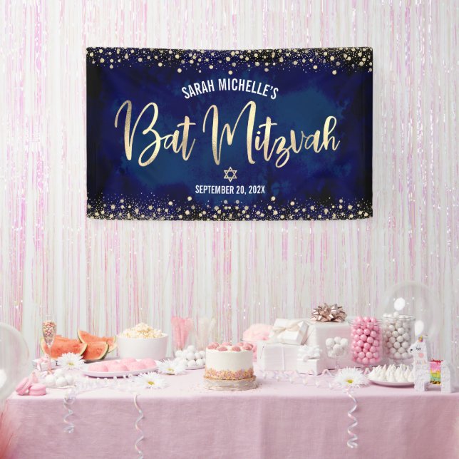 Navy Gold Bat Mitzvah Modern Foil Glitter Script Banner (Party)