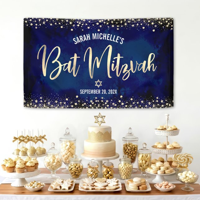 Navy Gold Bat Mitzvah Modern Foil Glitter Script Banner (Creator Uploaded)