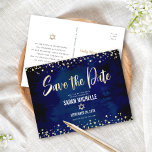 Navy Gold Bat Mitzvah Save the Date Modern Script Invitation Postcard<br><div class="desc">Make sure all your friends and relatives will be able to celebrate your daughter’s milestone Bat Mitzvah! Send out this stunning, modern, “Save the Date” announcement postcard. Graphic faux gold foil calligraphy script, Star of David, and confetti, overlay a rich, dramatic, navy blue watercolor background. Personalise the custom text with...</div>