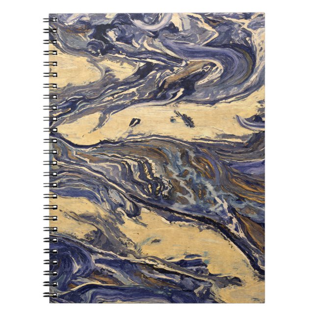 Navy Gold Beige Marble Swirl Abstract Notebook (Front)