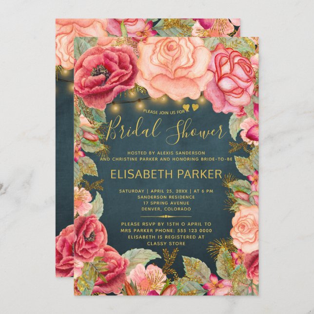 Navy gold blush pink roses lights bridal shower invitation (Front/Back)