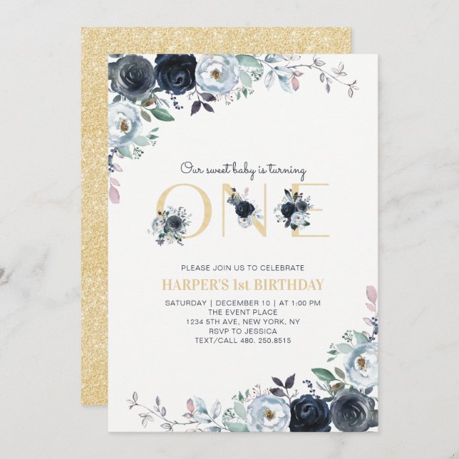 Navy & Gold Boho Floral 1st First Birthday Party Invitation (Front/Back)