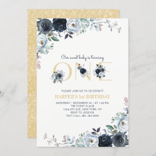 Navy & Gold Boho Floral 1st First Birthday Party Invitation