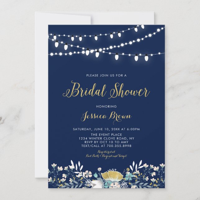 Navy & Gold Boho Floral Bridal Wedding Shower Invi Invitation (Front)