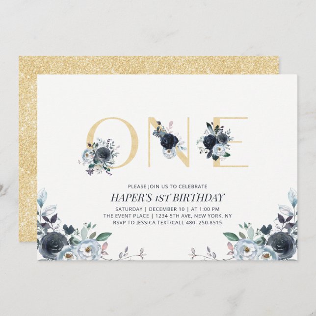 Navy & Gold Boho Floral First 1st Birthday Party Invitation (Front/Back)