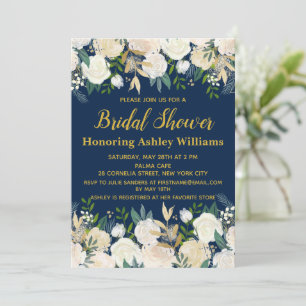 Navy Gold Boho Greenery Bridal Shower Invitations