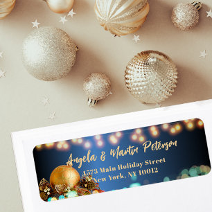 Navy Gold Bokeh Ornament Holiday Return Address Label