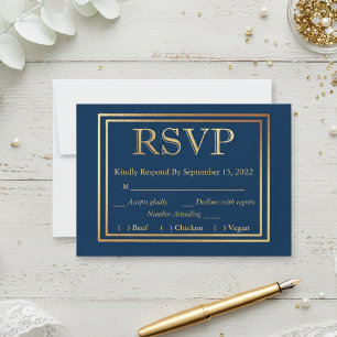 Navy Gold Border RSVP Wedding Simple Meal Choice Card