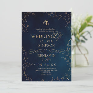 Navy Gold Botanical Wedding Invitation
