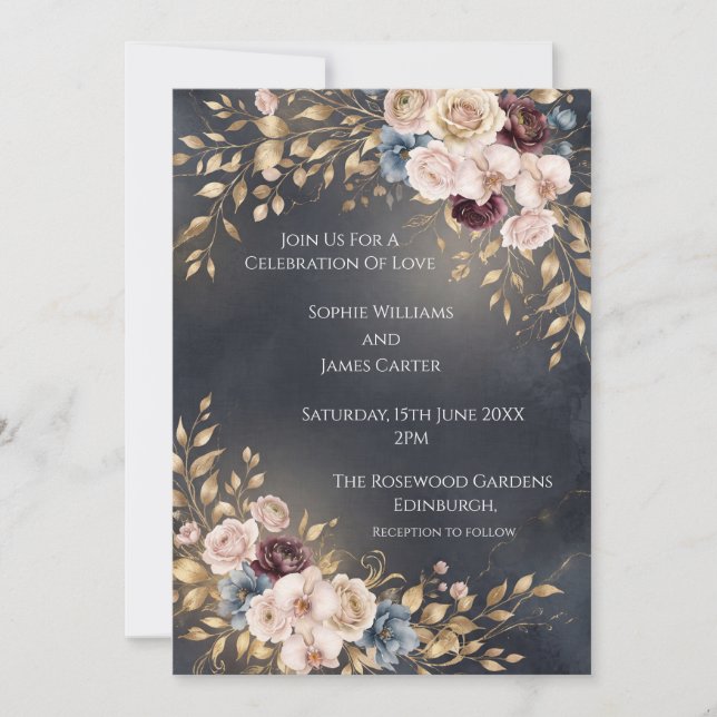 Navy Gold Botanical Wedding Invitation (Front)