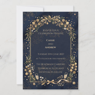 Navy Gold Botanical Wedding Invitation