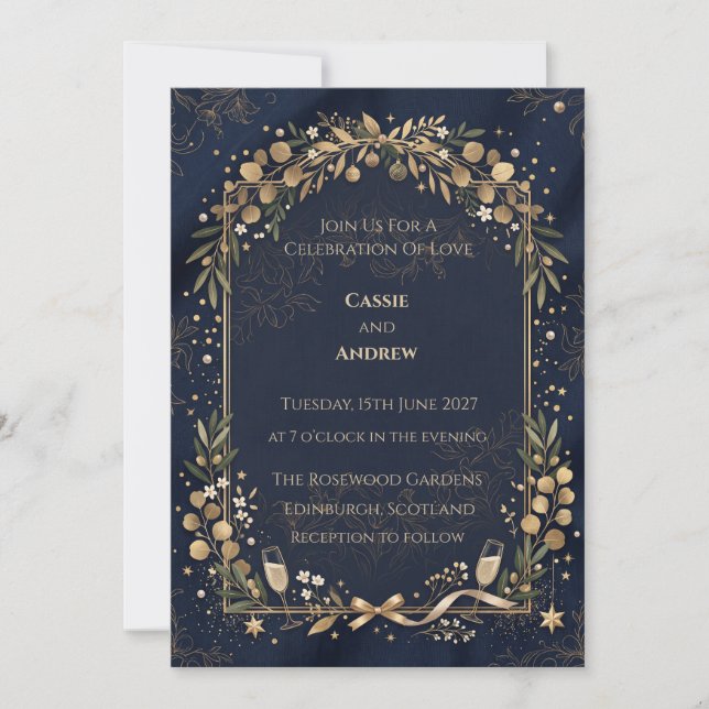 Navy Gold Botanical Wedding Invitation (Front)