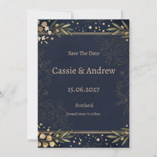 Navy Gold Botanical Wedding Save The Date