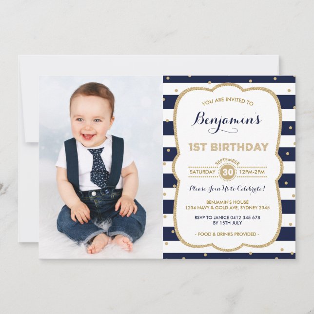 Navy Gold Boy 1st Birthday Invitation Prince Party (Front)
