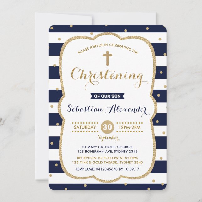 Navy & Gold Boy Christening Invitation Confetti (Front)