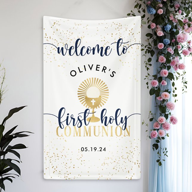 Navy & Gold Boy First Holy Communion Welcome Banner (Creator Uploaded)