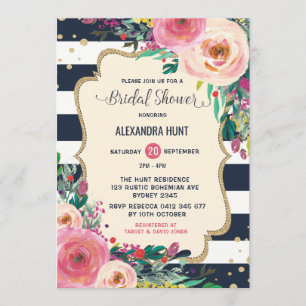 Navy Gold Bridal Shower Invitation Rustic Floral