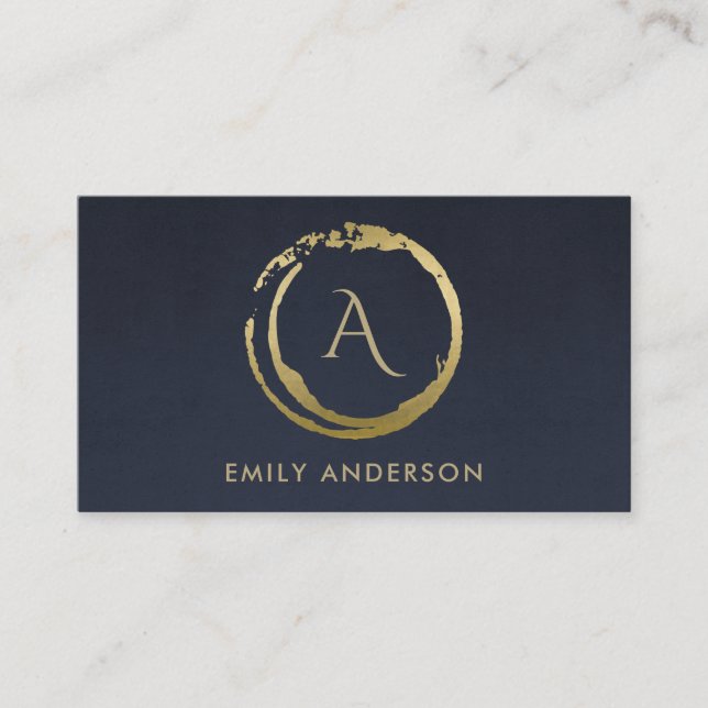 NAVY GOLD BRUSH STROKE STAIN CIRCLE LOGO MONOGRAM BUSINESS CARD (Front)