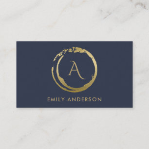 NAVY GOLD BRUSH STROKE STAIN CIRCLE LOGO MONOGRAM BUSINESS CARD